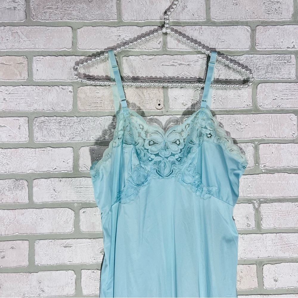 Vtg Heiress 1950s 1960s Turquoise Nylon Lace Trim Slip Dress Size 34 - Picture 5 of 16